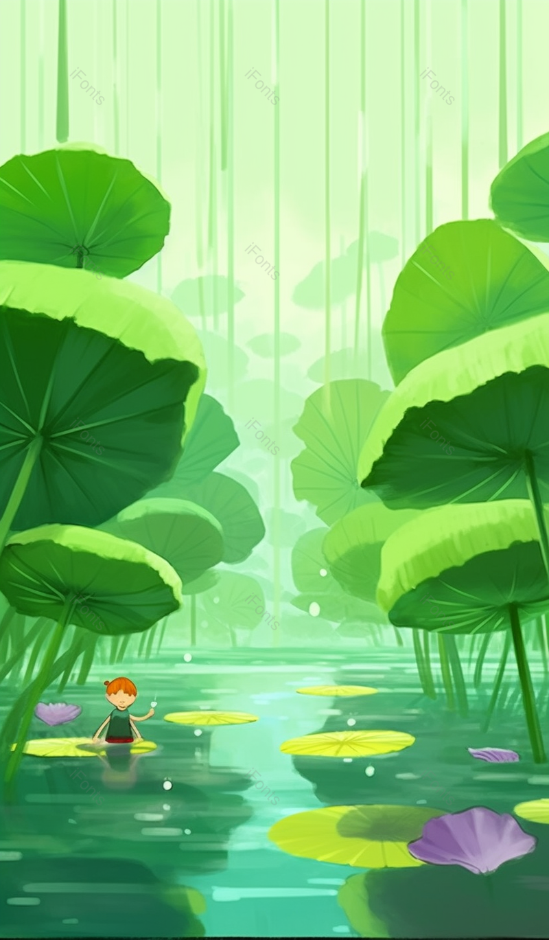 绿色大荷叶儿童嘻戏清新插画,插画/手绘图,插画/手绘图库,插画/手绘图下载,插画/手绘